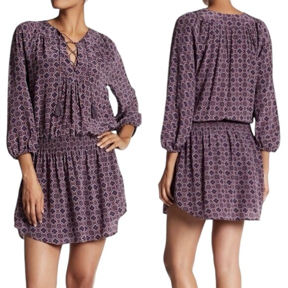 Joie 100% Silk Mini Dress XS Purple Corra B Tassel Tie Medallion Print Boho - Picture 1 of 15